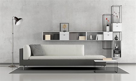 Black and white minimalist lounge with sofa and modern bookcase on concrete wall - 3d rendering Stock Photo - Budget Royalty-Free & Subscription, Code: 400-08754160