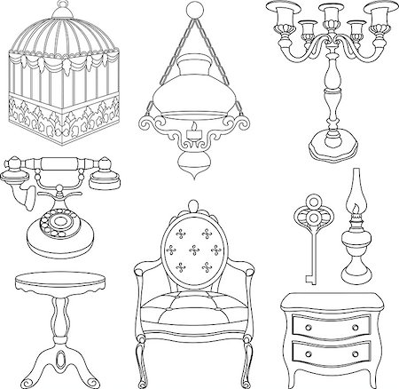 Vector line illustration of vintage retro decor items set Stock Photo - Budget Royalty-Free & Subscription, Code: 400-08754430