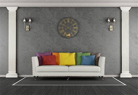 pilastra - Classic living room with colorful sofa and black stucco wall - 3d rendering Foto de stock - Royalty-Free Super Valor e Assinatura, Número: 400-08754785