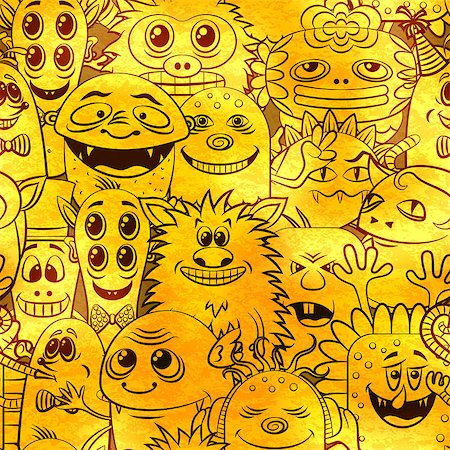 simsearch:400-08752377,k - Seamless Background for your Design with Different Cartoon Contour Monsters, Tile Pattern with Cute Funny Characters, Visible Through the Monotone Yellow Color Filter. Eps10 Vector Stockbilder - Microstock & Abonnement, Bildnummer: 400-08754844