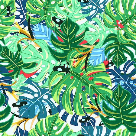 scary jungle - Graphic pattern with bright leaves monstera and frogs on a light background Stock Photo - Budget Royalty-Free & Subscription, Code: 400-08754909