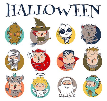 evil witch cartoon - Vector set icons children with costumes for Halloween Stock Photo - Budget Royalty-Free & Subscription, Code: 400-08754965