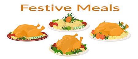 simsearch:400-07826555,k - Set of Delicious Festive Food on Plates, Holiday Christmas Roasted Turkeys and Fried Potatoes, Isolated on White Background. Vector Fotografie stock - Microstock e Abbonamento, Codice: 400-08754998