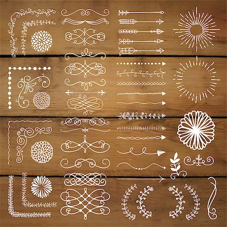 Hand Drawn Doodle Design Elements. Rustic Decorative Line Borders, Dividers, Arrows, Swirls, Scrolls, Ribbons, Banners, Frames, Corners Objects on Wooden Background Texture Vector Illustration Stock Photo - Budget Royalty-Free & Subscription, Code: 400-08754999