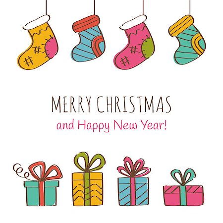 Merry Christmas and Happy New Year Greeting Card with gift boxes and Christmas socks. Vector illustration Stockbilder - Microstock & Abonnement, Bildnummer: 400-08755082