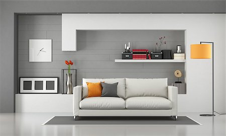 Minimalist living room with modern sofa and shelves - 3d rendering Stock Photo - Budget Royalty-Free & Subscription, Code: 400-08755349