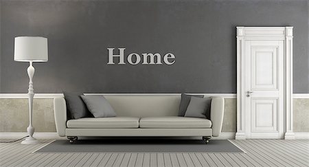 simsearch:400-07574774,k - Gray vintage living room with closed door and elegant sofa - 3d rendering Fotografie stock - Microstock e Abbonamento, Codice: 400-08755350