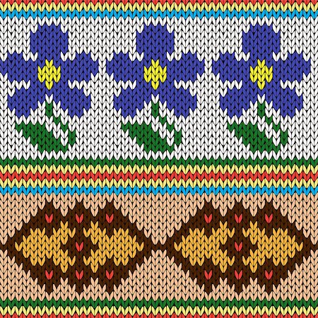 simsearch:400-08755020,k - Knitting ornamental seamless colourful vector pattern with rows of blue stylized flowers and geometric figures as a knitted fabric texture Stockbilder - Microstock & Abonnement, Bildnummer: 400-08755374