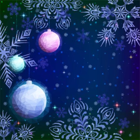 simsearch:400-08553045,k - Holiday Low Poly Christmas Background, Colorful Glass Balls Decoration and Snowflakes on Blue Sky, Illustration for Web Design. Vector Foto de stock - Super Valor sin royalties y Suscripción, Código: 400-08755731