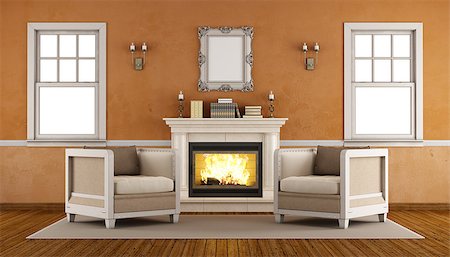 simsearch:400-07574774,k - Classic fireplace in a retro living room with two armchairs and windows -3d rendering Fotografie stock - Microstock e Abbonamento, Codice: 400-08755756