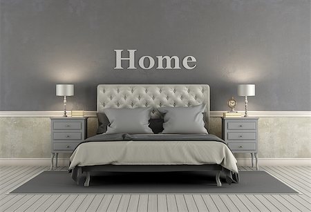 Master bedroom in classic style with double bed, nightstand and gray walls - 3d rendering Foto de stock - Super Valor sin royalties y Suscripción, Código: 400-08756085