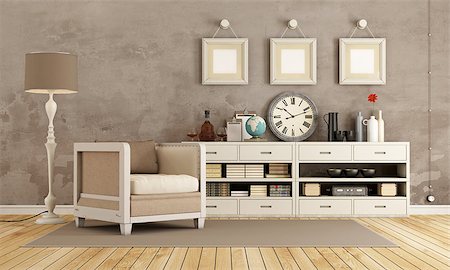 simsearch:400-07574774,k - Brown vintage room with armchair and sideboard with decor objects - 3d rendering Fotografie stock - Microstock e Abbonamento, Codice: 400-08756090