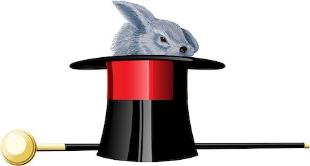 sharpner (artist) - Grey rabbit in black magic hat and walking stick on white background. Stockbilder - Microstock & Abonnement, Bildnummer: 400-08756161