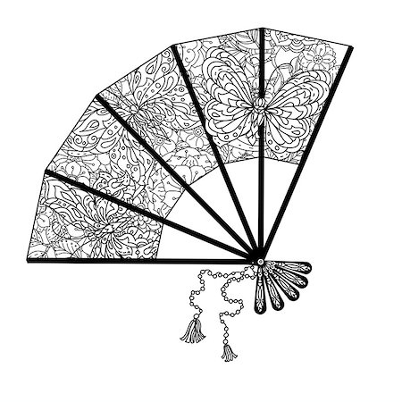 simsearch:400-08616791,k - fan decorated by contoured butterflies and asian style flowers. zen style picture for anti stress drawing or colouring book. Hand-drawn, retro, doodle, vector, for coloring book, poster or card design Foto de stock - Super Valor sin royalties y Suscripción, Código: 400-08758482