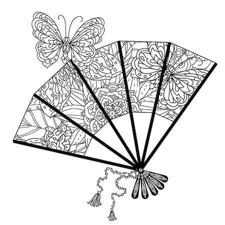simsearch:400-08616791,k - fan decorated by contoured butterflies and asian style flowers. zen style picture for anti stress drawing or colouring book. Hand-drawn, retro, doodle, vector, for coloring book, poster or card design Foto de stock - Super Valor sin royalties y Suscripción, Código: 400-08758483
