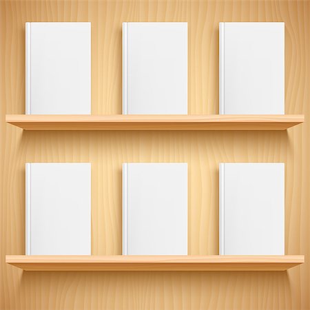 Two wooden bookshelves and books with empty blank covers. White object mock-up or template Stock Photo - Budget Royalty-Free & Subscription, Code: 400-08758505