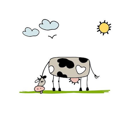 female black cow - Cow grazing in meadow, sketch for your design. Vector illustration Stock Photo - Budget Royalty-Free & Subscription, Code: 400-08758915