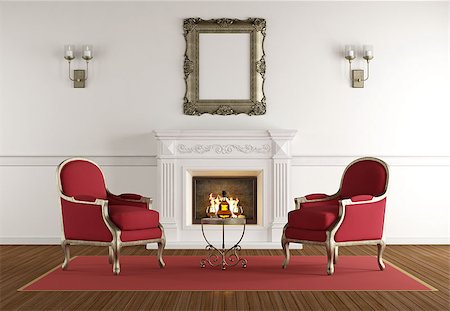 Retro living room with white fireplace and two classic armchair - 3d rendering Stock Photo - Budget Royalty-Free & Subscription, Code: 400-08759015