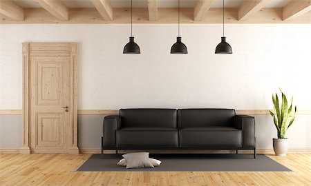 simsearch:400-08554639,k - living room with wooden closed door, black leather sofa, parquet and sunbeams - 3d rendering Stock Photo - Budget Royalty-Free & Subscription, Code: 400-08759016