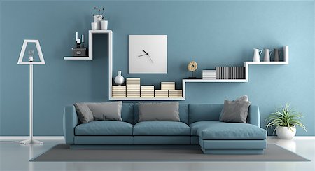 simsearch:400-05946922,k - Blue living room with sofa and shelf - 3d rendering Photographie de stock - Aubaine LD & Abonnement, Code: 400-08759017