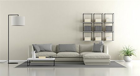 Minimalist lounge with sofa and modern bookcase on concrete wall - 3d rendering Stock Photo - Budget Royalty-Free & Subscription, Code: 400-08759018