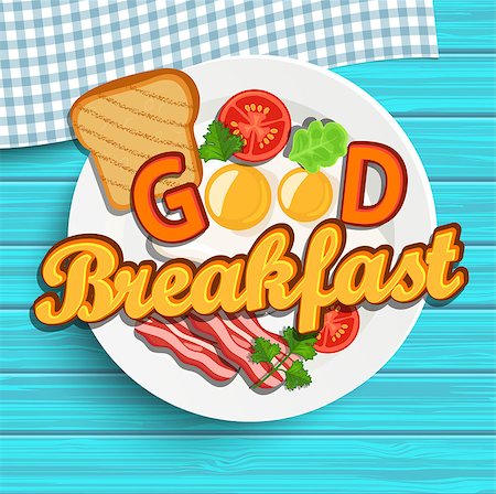 English breakfast - fried egg, tomatoes, bacon and toast. Top view. Blue wood texture. Lettering - good morning, vector illustration. Stock Photo - Budget Royalty-Free & Subscription, Code: 400-08759104
