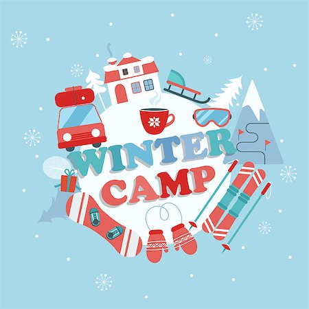 Christmas Holiday and Travel themed Camp poster in flat style , Winter camp banner vector illustration. Foto de stock - Super Valor sin royalties y Suscripción, Código: 400-08759111