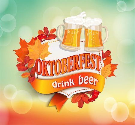 Octoberfest vintage frame with beer and autumn leaves on bokeh background. Poster template. Vector illustration, EPS 10. Stock Photo - Budget Royalty-Free & Subscription, Code: 400-08759132