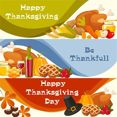 Be thankfull. Happy Thanksgiving. Thanksgiving Day vector banners with traditional table plenty of food, roasted turkey, cornucopia with pumpkins, fruits and vegetables. Decoration for thanksgiving greeting cards Foto de stock - Royalty-Free Super Valor e Assinatura, Número: 400-08759184