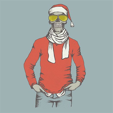 Vector Christmas skull  in skull in sweater illustration. Hand drawn skull. Skull human in sweatshirt Stock Photo - Budget Royalty-Free & Subscription, Code: 400-08759438