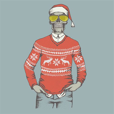 Vector Christmas skull  in skull in sweater illustration. Hand drawn skull. Skull human in sweatshirt Stock Photo - Budget Royalty-Free & Subscription, Code: 400-08759442