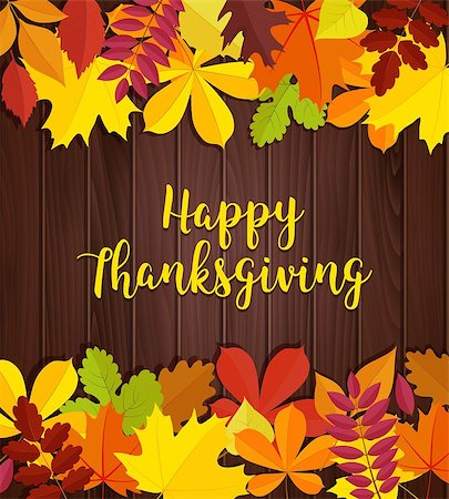 postcard - Happy Thanksgiving day banner. Autumn leaves frame for holiday text on wood background. Family traditional holiday illustration Stock Photo - Budget Royalty-Free & Subscription, Code: 400-08759738