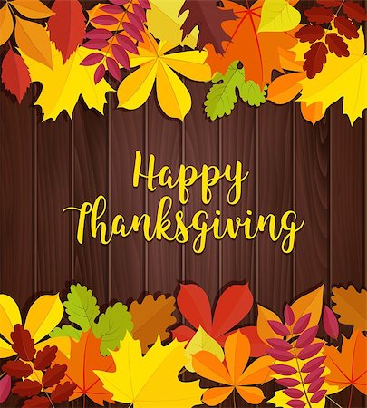 Happy Thanksgiving day banner. Autumn leaves frame for holiday text on wood background. Family traditional holiday illustration Photographie de stock - Aubaine LD & Abonnement, Code: 400-08759738