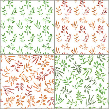 eucalipto - Seamless plant background set. Endless pattern with orange and green twigs and leaves silhouette. Vector illustration on white background Foto de stock - Super Valor sin royalties y Suscripción, Código: 400-08759882