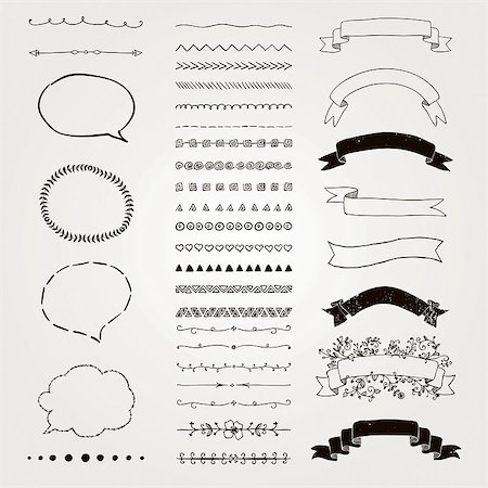 simsearch:400-08755813,k - Set of Black Hand Drawn Doodle Design Elements. Rustic Decorative Line Borders, Dividers, Arrows, Swirls, Scrolls, Ribbons, Banners, Frames Corners Objects. Vector Illustration Stock Photo - Budget Royalty-Free & Subscription, Code: 400-08750385