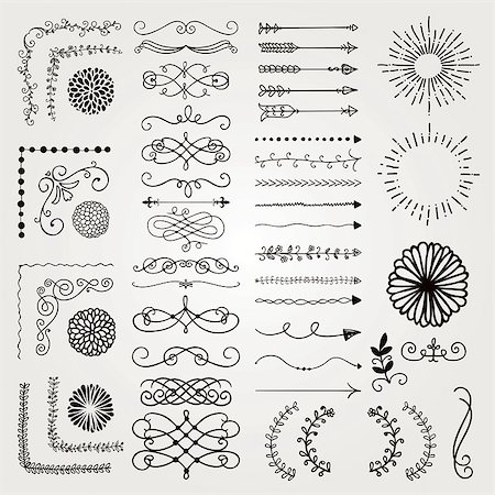 simsearch:400-08755813,k - Set of Black Hand Drawn Doodle Design Elements. Rustic Decorative Line Borders, Dividers, Arrows, Swirls, Scrolls, Ribbons, Banners, Frames Corners Objects. Vector Illustration Stock Photo - Budget Royalty-Free & Subscription, Code: 400-08750383
