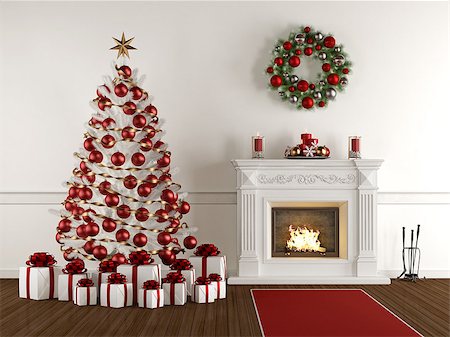 Christmas interior with classic fireplace,xmas tree,present and wreath - 3d Rendering Stockbilder - Microstock & Abonnement, Bildnummer: 400-08750419