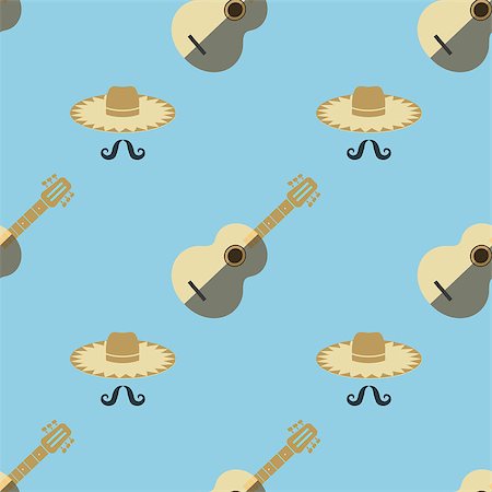 Mexican Guitar with Hat and Mustaches Seamless Pattern on Blue Background. Foto de stock - Super Valor sin royalties y Suscripción, Código: 400-08750412