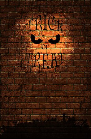 simsearch:400-08260546,k - Halloween background with old brick wall and a silhouette of cemetery Fotografie stock - Microstock e Abbonamento, Codice: 400-08750613