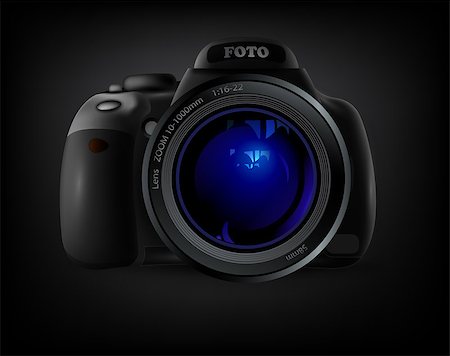 camera with blue lens flare on a black background Fotografie stock - Microstock e Abbonamento, Codice: 400-08750626