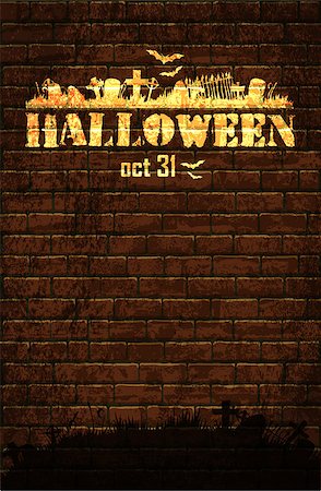 simsearch:400-08260546,k - Halloween background with old brick wall and a silhouette of cemetery Fotografie stock - Microstock e Abbonamento, Codice: 400-08750622