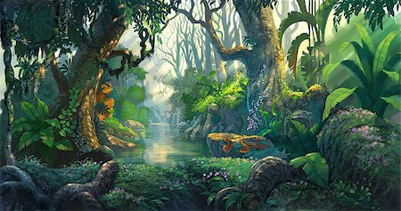 forest cartoon illustration - fantasy forest background illustration painting Stock Photo - Budget Royalty-Free & Subscription, Code: 400-08750678