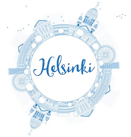 finland landmark - Outline Helsinki skyline with blue buildings and copy space. Business travel and tourism concept with place for text. Image for presentation, banner, placard and web site. Vector Illustration Stock Photo - Budget Royalty-Free & Subscription, Code: 400-08750702