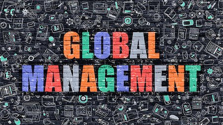 simsearch:400-09011393,k - Global Management - Multicolor Concept on Dark Brick Wall Background with Doodle Icons Around. Modern Illustration with Elements of Doodle Style. Global Management on Dark Wall. Photographie de stock - Aubaine LD & Abonnement, Code: 400-08750785