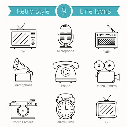 simsearch:400-09221728,k - Set of 9 line icons of retro style objects - tv, microphone, radio, ramophone, phone, video and photo camera, alarm clock, vector eps10 illustration Stock Photo - Budget Royalty-Free & Subscription, Code: 400-08750915