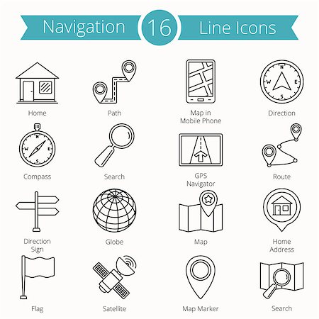 Set of 16 navigation line icons, vector eps10 illustration Foto de stock - Super Valor sin royalties y Suscripción, Código: 400-08750943