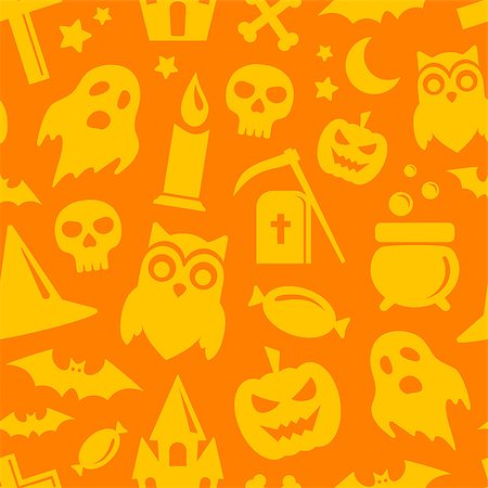 simsearch:400-09067759,k - Halloween seamless pattern in yellow and orange colors. Vector background with scary pumpkin, bats, ghost and skull icons. Foto de stock - Royalty-Free Super Valor e Assinatura, Número: 400-08751194