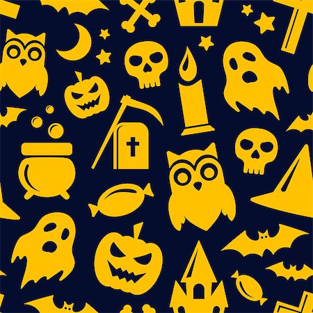simsearch:400-09067759,k - Halloween seamless pattern in black and orange colors. Vector background with scary pumpkin, bats, ghost and skull icons. Foto de stock - Royalty-Free Super Valor e Assinatura, Número: 400-08751193