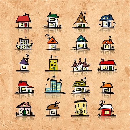 Set of houses on grunge paper, sketch for your design. Vector illustration Stock Photo - Budget Royalty-Free & Subscription, Code: 400-08751266