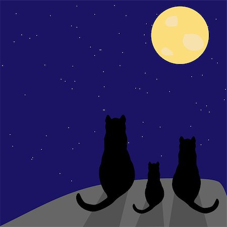romance and stars in the sky - Silhouette of three black cats with full moon and stars on the sky Stock Photo - Budget Royalty-Free & Subscription, Code: 400-08752007